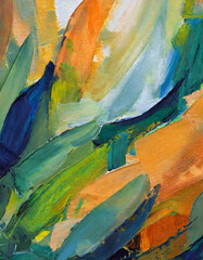 Obraz premium Abstract big brush oil painting, blue, green, orange colors