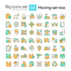 2D editable multicolor big line icons set representing moving service, isolated vector, linear illustration.