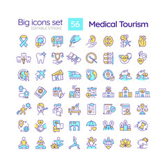 2D editable multicolor big line icons set representing medical tourism, isolated vector, linear illustration.