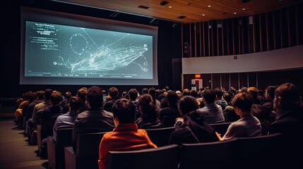 Conference in a university auditorium with a large screen on the wall - obrazy, fototapety, plakaty