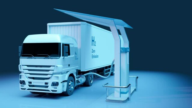 Refueling the truck with hydrogen (H2). Environmentally friendly fuel. 3d rendering.
