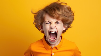 Angry irritated Caucasian boy. Full of rage. Emotional portrait of an upset preteen boy screaming in anger.