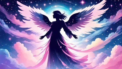 Beautiful angel in pink and purple with copy space - obrazy, fototapety, plakaty