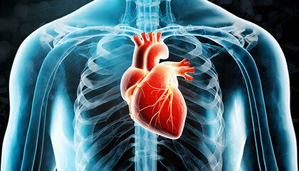 Male anatomy of the human Heart system. 3d rendering concept and medical technology network. Generative AI