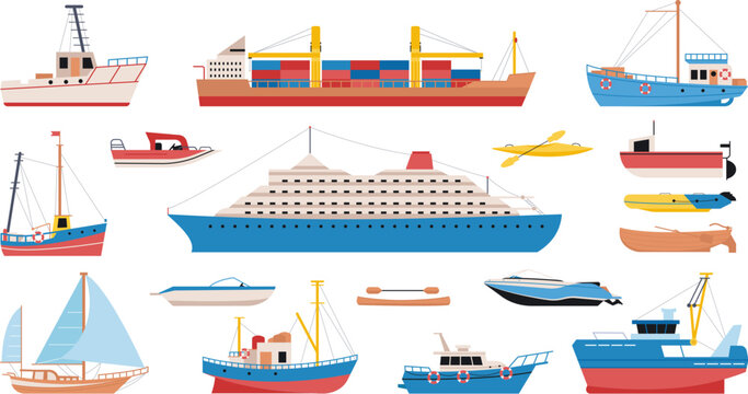 Ships and boats cartoon design. Yachts, cargo and sea ship. Cruise ocean liner, nautical transportation and adventures decent vector elements