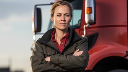 Female truck driver. Professional woman who drives cargo vehicles with skills to drive heavy delivery trucks. Woman empowerment and break gender stereotypes.