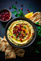Delicious Hummus Served with Pita Bread, Chopped Herbs and Pomegranate Seeds. Traditional Middle Eastern Cuisine