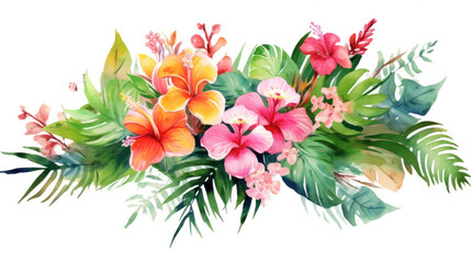 Bouquets greeting or wedding card decoration, Watercolor of Tropical spring floral green leaves and flowers elements. - obrazy, fototapety, plakaty