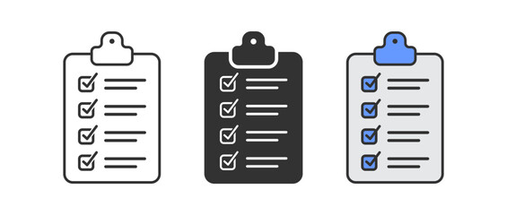Clipboard icon. Checklist symbol. Document test signs. Complete work on the board symbols. Office clip icons. Black, flat color. Vector sign.
