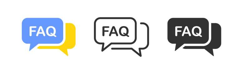FAQ icon. Question bubble symbol. Answer signs. Message symbols. Ask icons. Message form. Black, flat color. Vector sign.