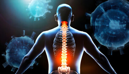 Male anatomy of the spinal system in humans. 3d rendering concept and medical technology network. Generative AI