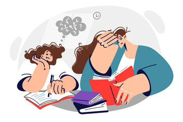 Tired mother helps daughter do homework and clutches head seeing complex mathematical example.