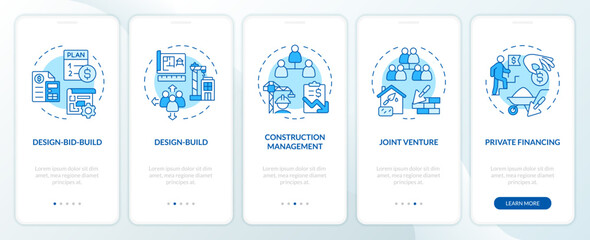 2D blue icons representing construction cost mobile app screen set. Walkthrough 5 steps monochromatic graphic instructions with linear icons concept, UI, UX, GUI template. - obrazy, fototapety, plakaty