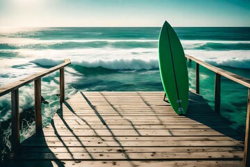 A green surfboard on a wooden pier overlooking the ocean