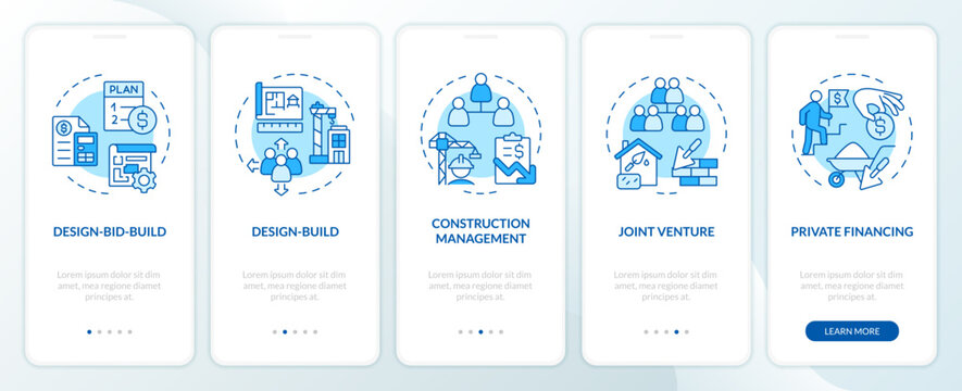 2D blue icons representing construction cost mobile app screen set. Walkthrough 5 steps monochromatic graphic instructions with linear icons concept, UI, UX, GUI template.