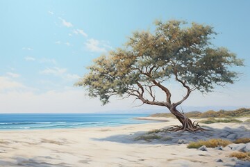 Fototapeta na wymiar A painting of a beachtree with a tree and sand in the background. Generative AI