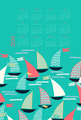 Calendar vector template for year 2024 with sailboats on turquoise background. Isolated calendar dates