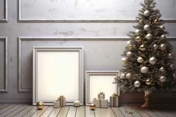 Christmas frame mockup with fir tree, gift boxes and baubles. Romantic interior design. Festive...