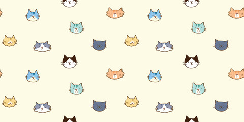 Seamless Pattern with Cartoon Cat Face Design on Light Yellow Background