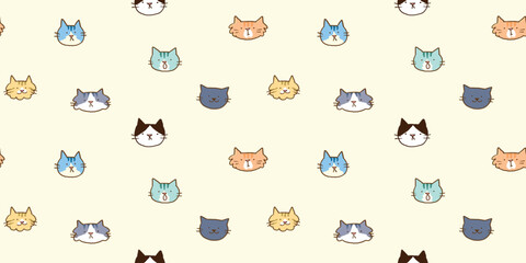 Seamless Pattern with Cartoon Cat Face Design on Light Yellow Background