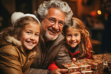 Happy grandfather with his little cute grandchildren on New Year's Eve and Christmas with gifts