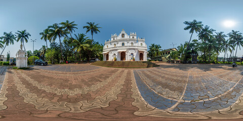 full hdri 360 panorama of portugal catholic church in jungle among palm trees in Indian tropic...