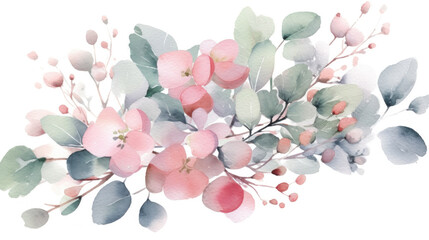 Fototapeta na wymiar Pink flowers and eucalyptus greenery bouquet. Watercolor of Wedding Invitation.