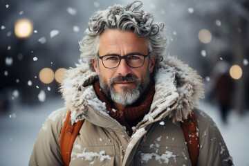 Fototapeta premium Portrait of a serious handsome adult man outdoors during snowfall in wintertime