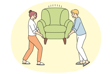 Man, woman install heavy armchair after moving to new apartment. Family members rearranges furniture in house. Wife, husband changing place of arm chair. Vector contour line colorful illustration.