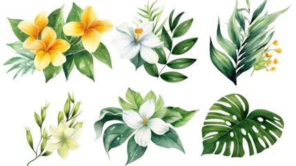 Selbstklebende Fototapeten Watercolor of Tropical spring floral green leaves and flowers, bouquets greeting or wedding card decoration. © tong2530