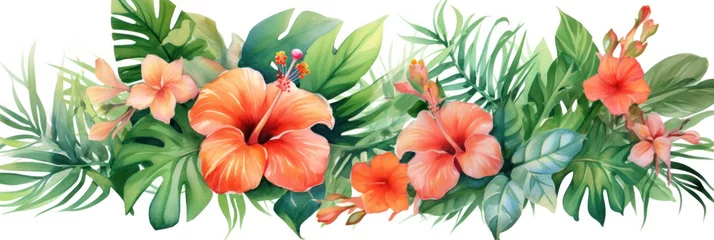 Fotobehang Watercolor of Tropical spring floral green leaves and flowers, bouquets greeting or wedding card decoration. © tong2530