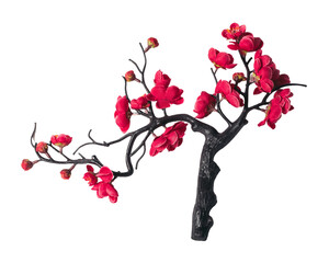 Branch with cherry pink flower isolated on white or transparent background.  
