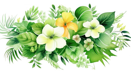 Watercolor of Tropical spring floral green leaves and flowers, bouquets greeting or wedding card decoration.