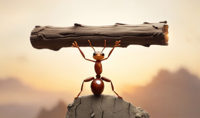 An industrious worker ant, carries a small log, illustrating the incredible strength and cooperation that defines these remarkable insects - obrazy, fototapety, plakaty