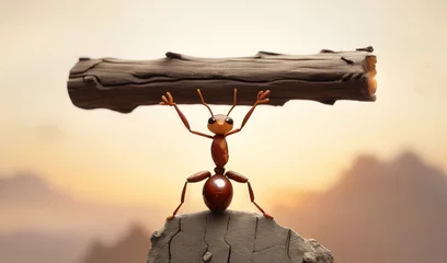 Foto op Plexiglas An industrious worker ant, carries a small log, illustrating the incredible strength and cooperation that defines these remarkable insects © asfianasir