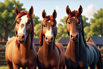 Vibrant 3D cartoon character trio - Three horses brought to life in a captivating, colorful portrait through digital rendering - obrazy, fototapety, plakaty