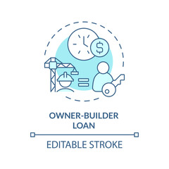 2D editable blue owner builder loan icon, monochromatic isolated vector, construction cost thin line illustration.