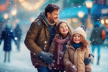Obraz premium Happy family on outdoor skating rink spending joyful leisure time together in winter during Christmas Holidays