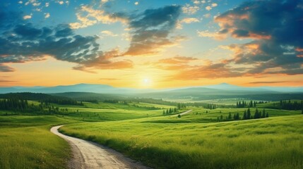 Naklejka na ściany i meble Green fields with a winding road at sunrise in Summer, Rural landscape