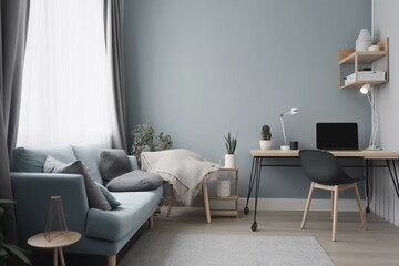 Cozy, modern blue-gray furniture in a simple living room with laptop on table, plenty of space. Generative AI