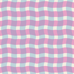 Funky wavy checkered lines pattern. Vector seamless plaid texture with overlaid colourful  lines. Modern geometrical background