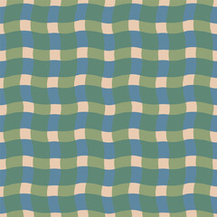 Funky wavy checkered lines pattern. Vector seamless plaid texture with overlaid colourful  lines. Modern geometrical background