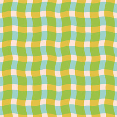 Funky wavy checkered lines pattern. Vector seamless plaid texture with overlaid colourful  lines. Modern geometrical background