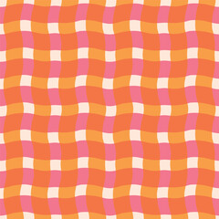 Funky wavy checkered lines pattern. Vector seamless plaid texture with overlaid colourful  lines. Modern geometrical background - 669892045