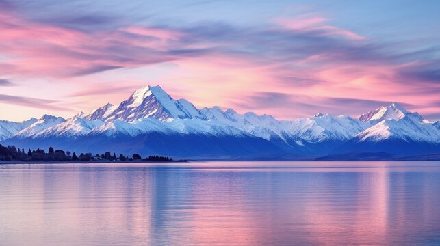 Landscape photo of distant snow capped mountains with reflection on lake in the foreground with pink and blue ligh