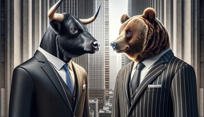 A bull and a bear in a corporate setting. Both animals are depicted in human-like stances, adorned in elegant business suits stock trading financial market representation - obrazy, fototapety, plakaty