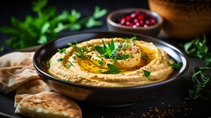 Delicious Hummus Served with Pita Bread and Chopped Herbs. Traditional Middle Eastern Cuisine