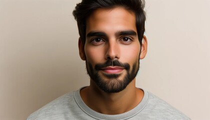Portrait of a Hispanic man, capturing his individual features, with the entirety of his head in the frame, set on a neutral backdrop