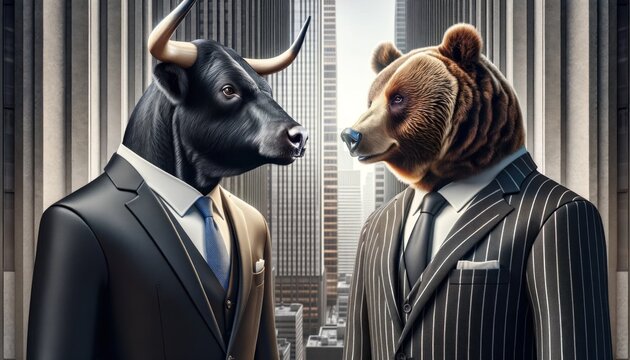 A bull and a bear in a corporate setting. Both animals are depicted in human-like stances, adorned in elegant business suits stock trading financial market representation
