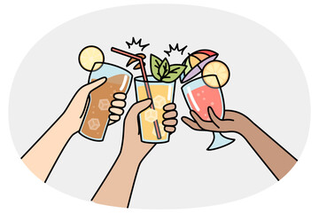 Hands of multiracial people clink glasses with different drinks. Chin-chin, toast with cocktails with ice cubes, mint leaves, lemon slices, straw. Vector contour line illustration isolated on white.